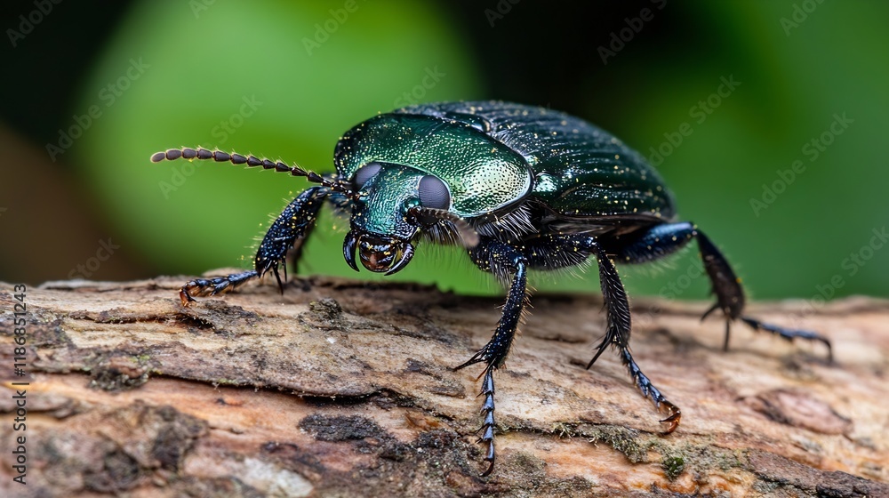 Naklejka premium Closeup of a Metallic Green Beetle on a Tree Bark in a Natural Setting : Generative AI