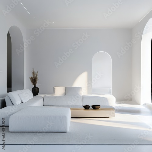 A minimalist reality interior design, white living room, modern style, minimal furniture