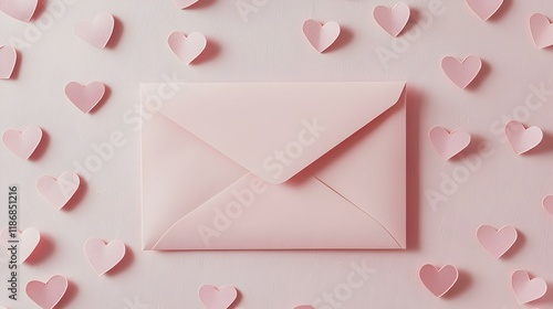Pink envelope surrounded by pastel hearts on a pink background. Perfect for Valentine's Day, love letters, and romantic themes.
