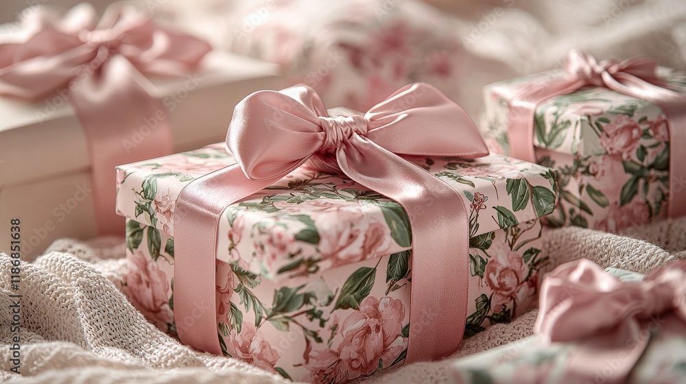 Fototapeta premium Elegant Floral Patterned Gift Boxes Tied with Satin Bows for Any Occasion