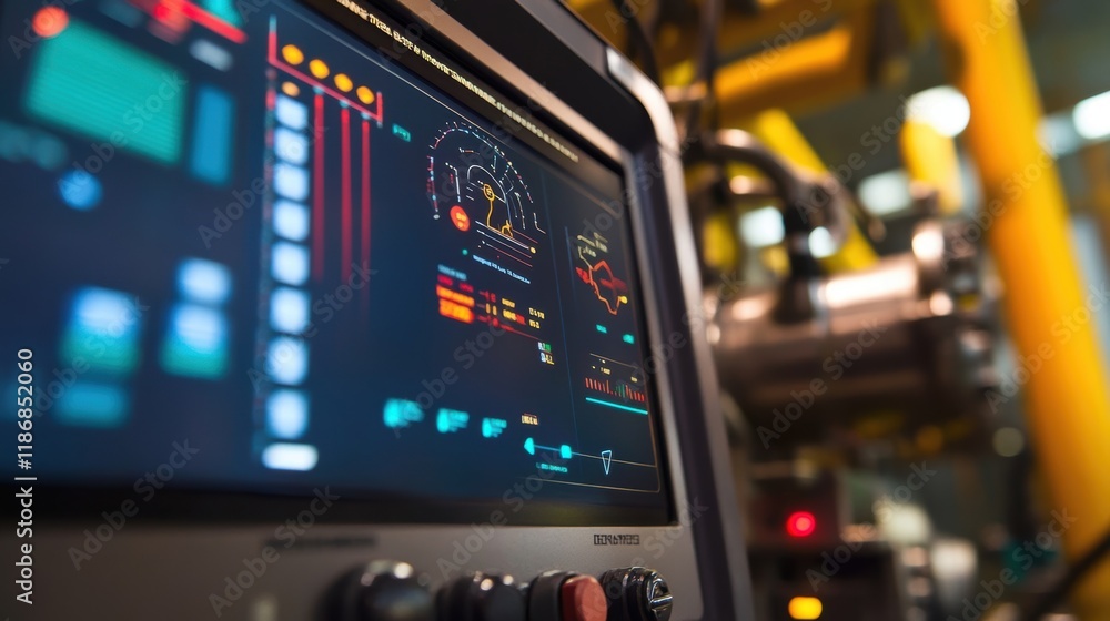 Modern control panel displaying real time data and performance metrics, optimizing production processes within an advanced manufacturing facility, enhancing efficiency and precision Modern control panel displaying real time data and performance metrics, optimizing production processes within an advanced manufacturing facility, enhancing efficiency and precision