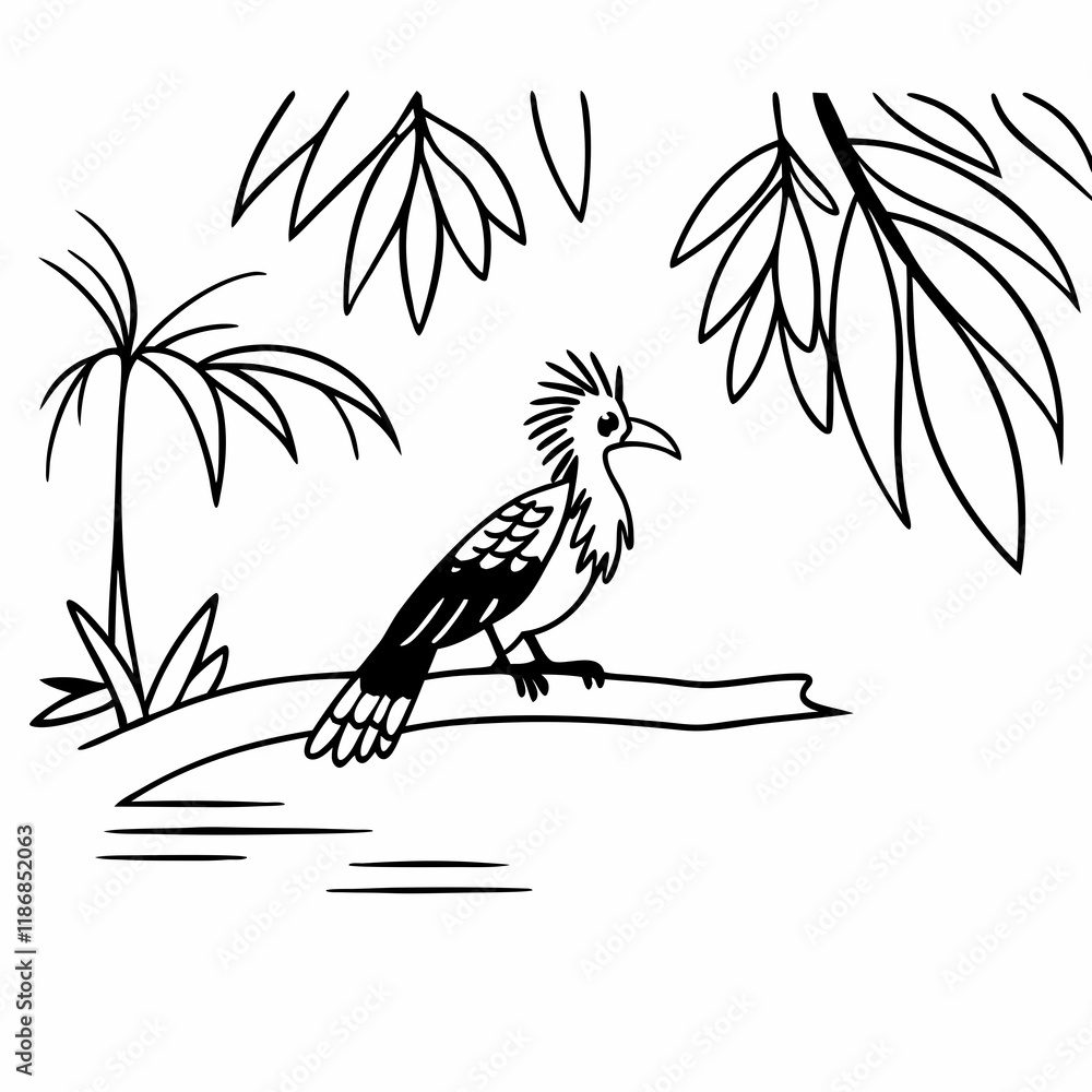 Naklejka premium Black and white illustration of a bird perched in a tropical setting