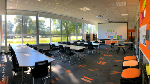 Modern classroom with tables, chairs, projector screen, and large windows.
