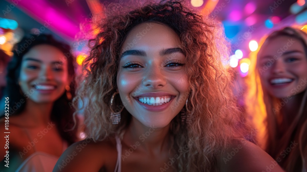 Three friends take a cheerful selfie at a lively party filled with colorful lights and a joyful crowd, capturing a memorable night together. Three friends take a cheerful selfie at a lively party filled with colorful lights and a joyful crowd, capturing a memorable night together.