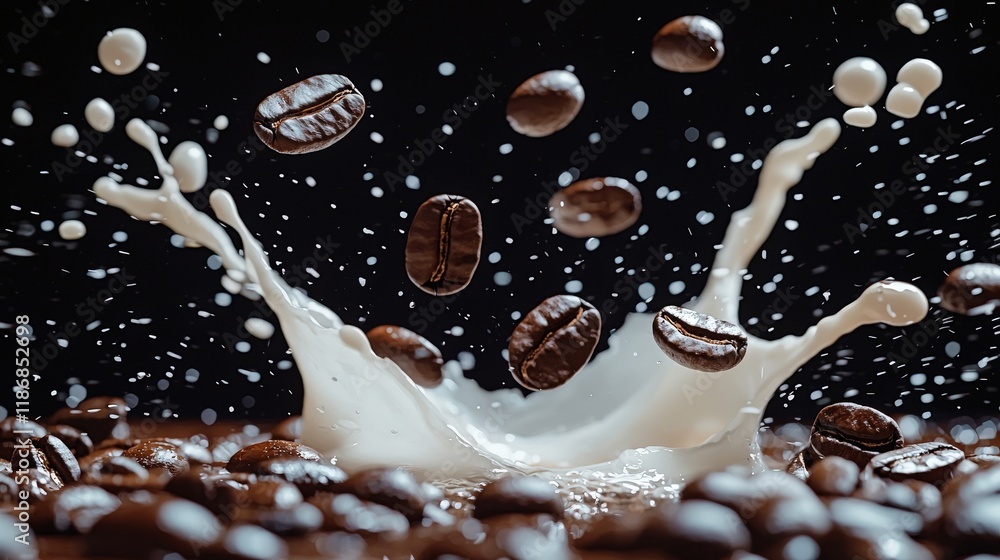 Realistic Shot of Coffee Beans Splashing in Milk with Water Droplets Realistic Shot of Coffee Beans Splashing in Milk with Water Droplets