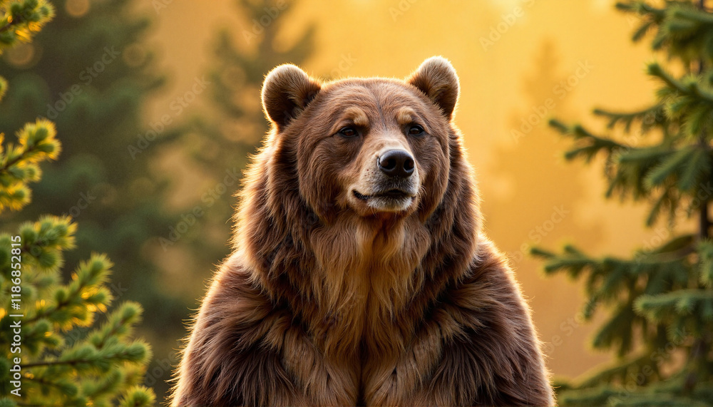 Fototapeta premium Majestic grizzly bear standing among pine trees, nature's power