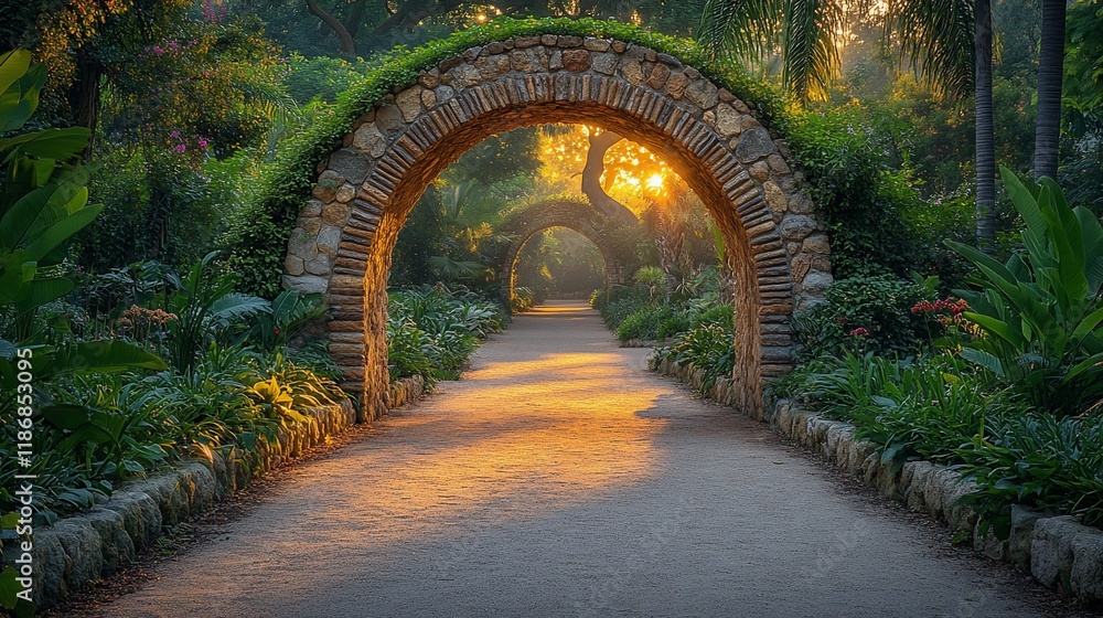 Obraz premium Stone Archway Pathway Garden Sunset Scene