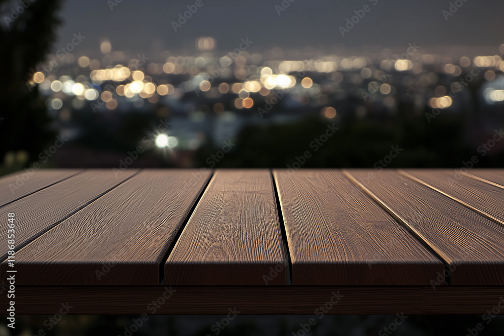 Wooden top table with night cityscape in background Wooden top table with night cityscape in background