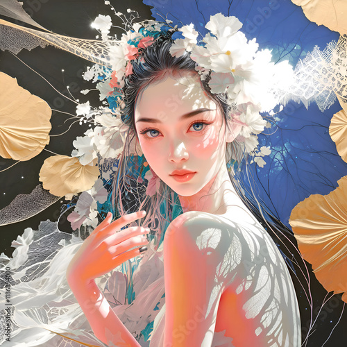 stunning artwork with beautiful young asian woman around blue-golden ornamental  abstract background. Ai generated
