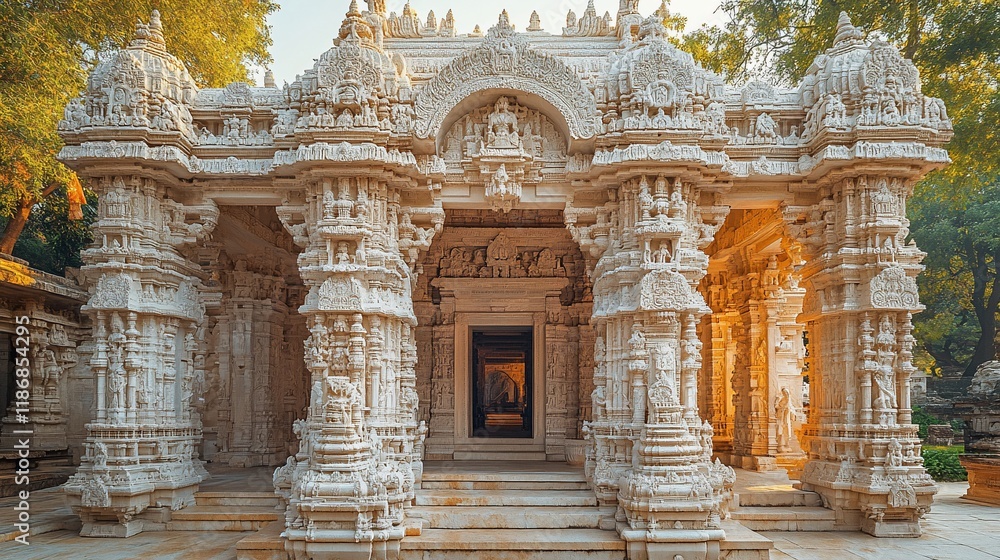 Obraz premium Intricate White Marble Temple Entrance Detailed Carvings
