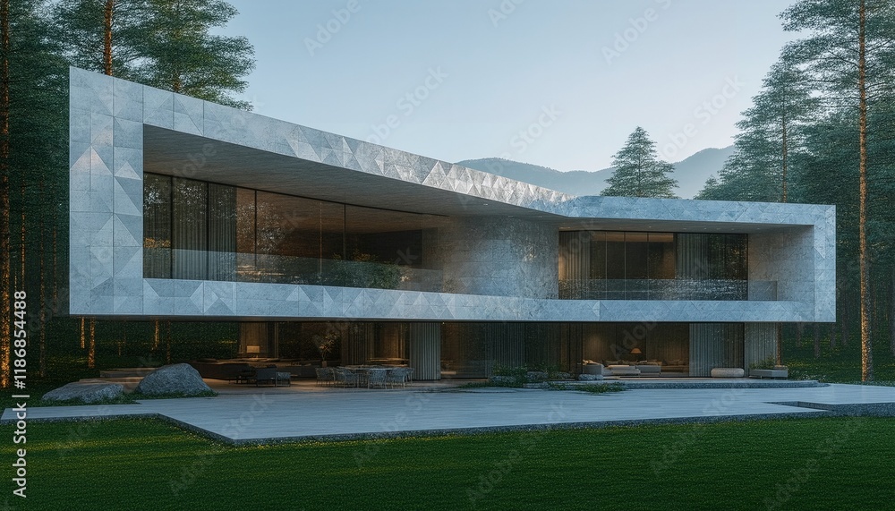 Luxury modern house with large windows and minimalist design, surrounded by trees and mountains in the background. Luxury modern house with large windows and minimalist design, surrounded by trees and mountains in the background.
