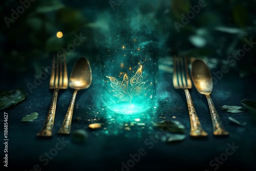 A magical set of utensils with intricate designs glowing faintly, placed on an enchanted dining table in a mystical forest photo