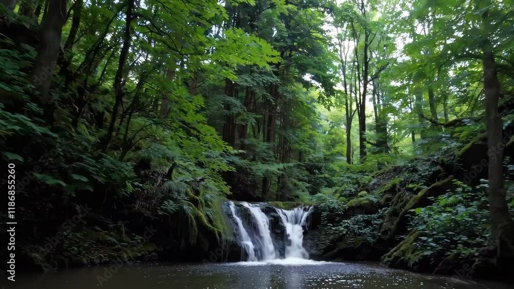 Gentle waterfall cascading over moss-covered rocks into a calm pool, surrounded by towering trees and dense forest greenery.
Gentle waterfall cascading over moss-covered rocks into a calm pool, surrounded by towering trees and dense forest greenery.