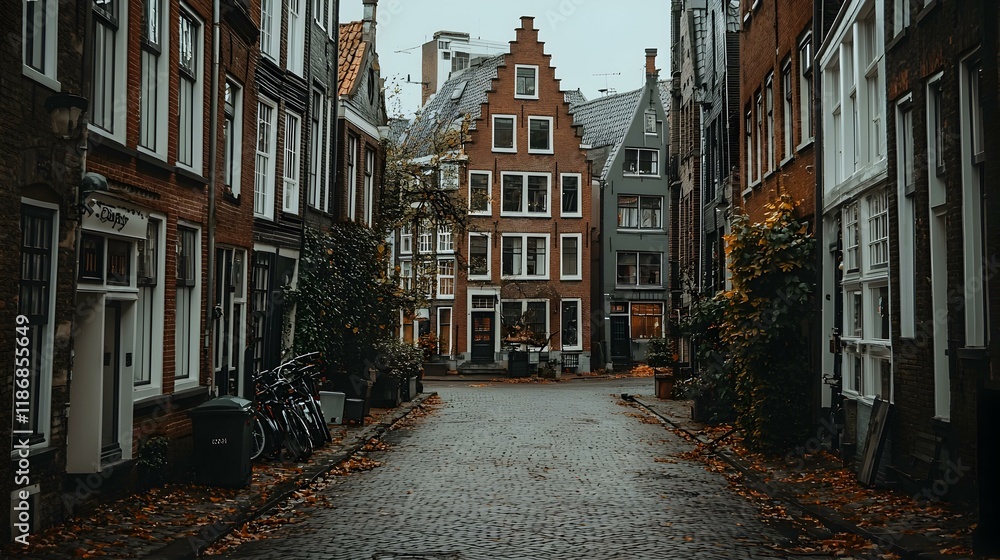 Fototapeta premium Charming cobblestone street in a historic European city, lined with old brick buildings and autumn leaves.