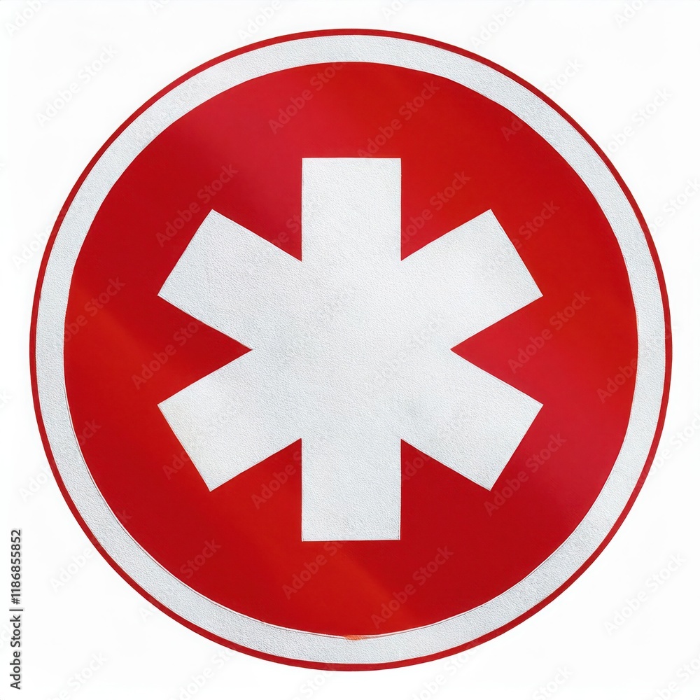 Red circular sign with white asterisk symbol, isolated background Red circular sign with white asterisk symbol, isolated background