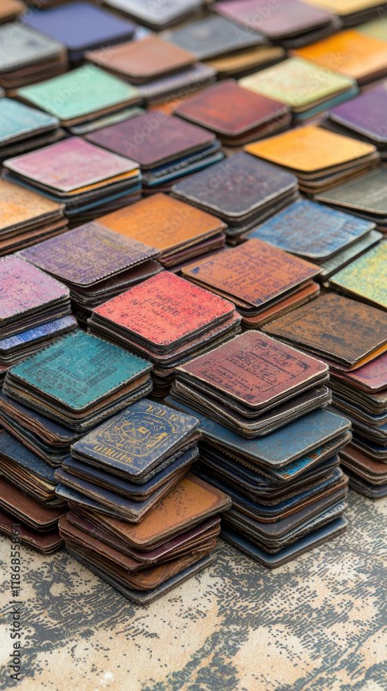 Fototapeta premium vibrant collection of colorful passport stamps arranged in collage, showcasing travel history and cultural diversity
