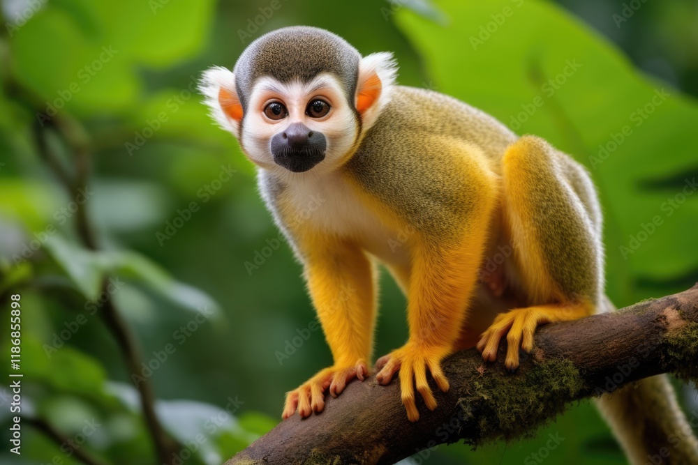 Squirrel Monkey Observing Its Surroundings in South American Rainforest Squirrel Monkey Observing Its Surroundings in South American Rainforest