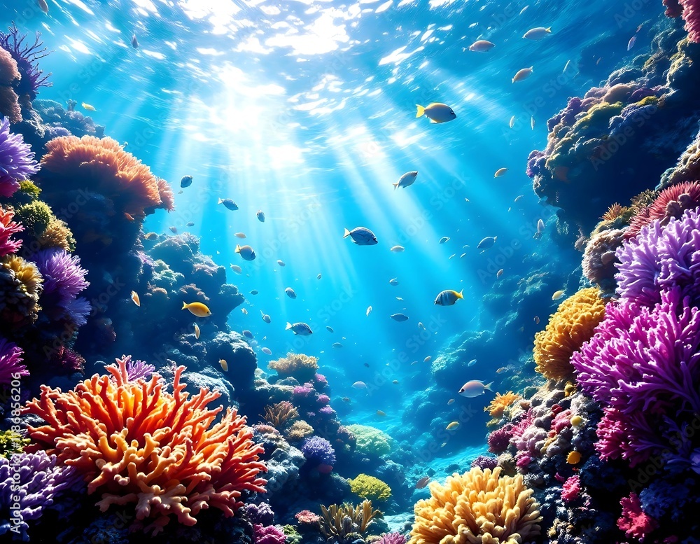 Naklejka premium Vibrant Underwater Coral Reef with Sunlight Beams