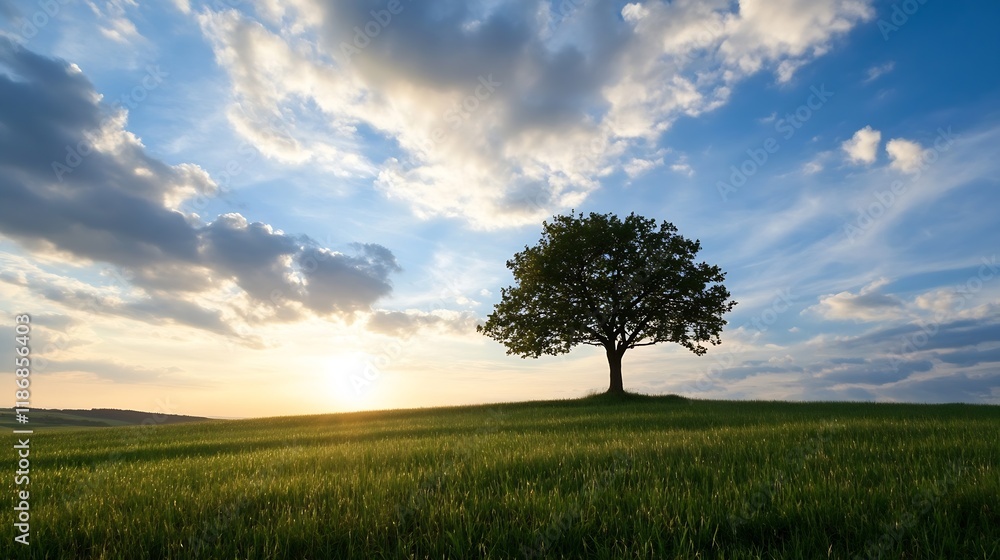Serene Sunset Over Tranquil Landscape With Lone Tree On Open Field Against Blue Sky : Generative AI Serene Sunset Over Tranquil Landscape With Lone Tree On Open Field Against Blue Sky : Generative AI