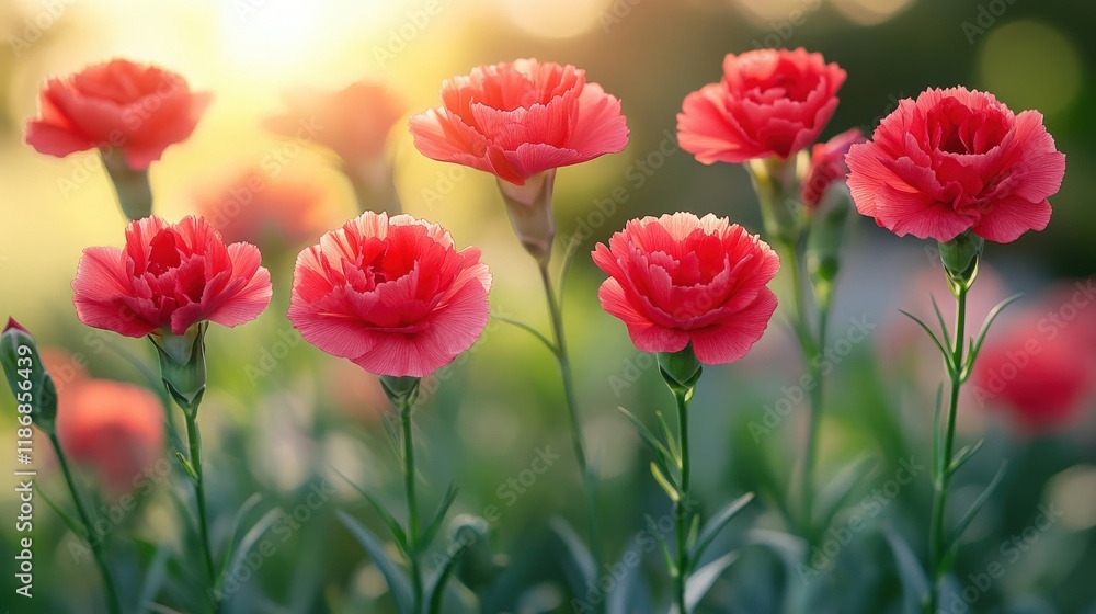 Obraz premium Vibrant Red Carnations Blooming Beautifully in a Sunlit Garden, Showcasing Nature's Artistry and Breathtaking Floral Arrangement in Soft Focus