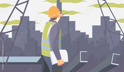 illustration of a foreman giving instructions in a building construction project suitable for use in property advertisements and development projects