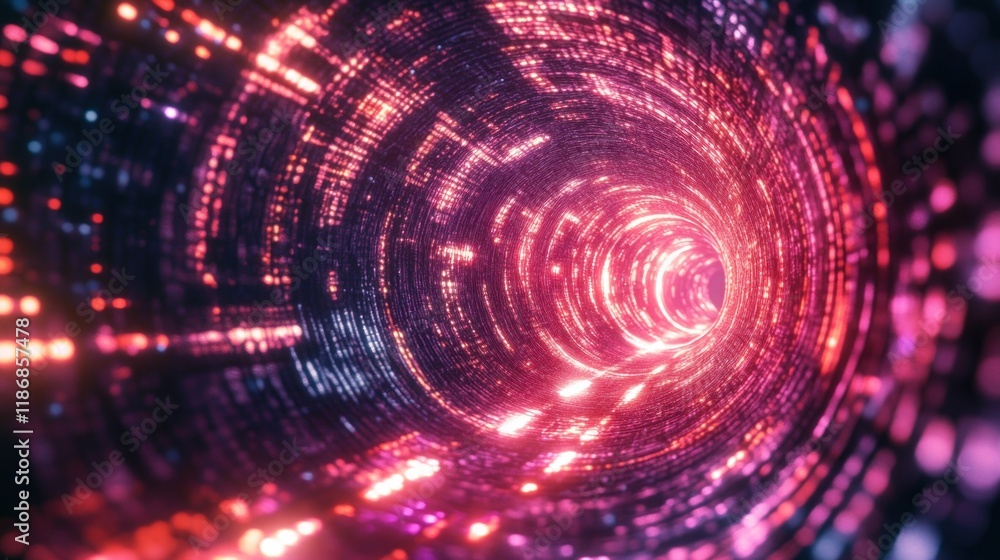 Fototapeta premium Abstract Digital Tunnel of Light Pink and Purple Glowing Data Streams in Cyberspace
