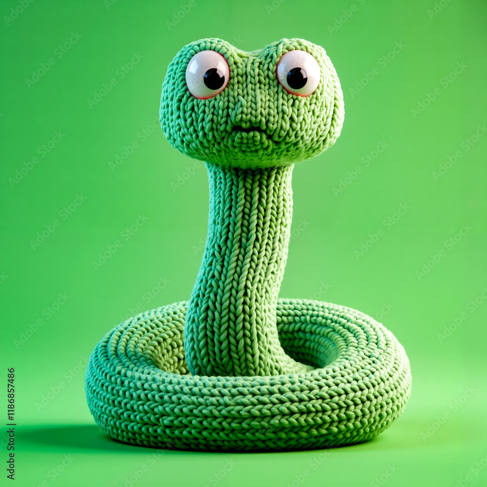 Fototapeta premium A knitted green snake with big eyes on a green background