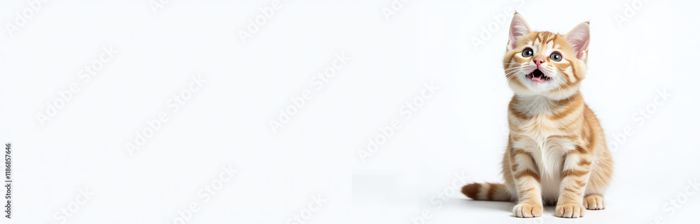 A Surprised British Cat Stands Isolated Above A White Banner With Ample Copy Space For An E Web Design Template. 00002 A Surprised British Cat Stands Isolated Above A White Banner With Ample Copy Space For An E Web Design Template. 00002