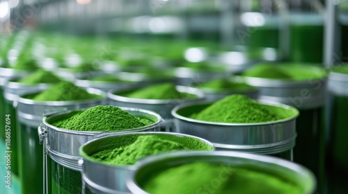 Wallpaper Mural Green Powder Production: Rows of Metal Containers Filled with Vibrant Green Powder in a Factory Setting Torontodigital.ca