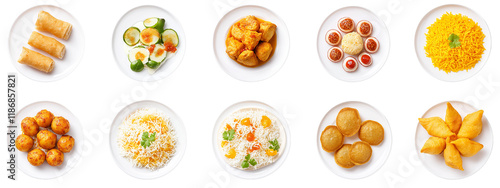 An overhead view of various Indian dishes, including chicken biryani, samosas, and patia, on a transparent background png  (2) photo