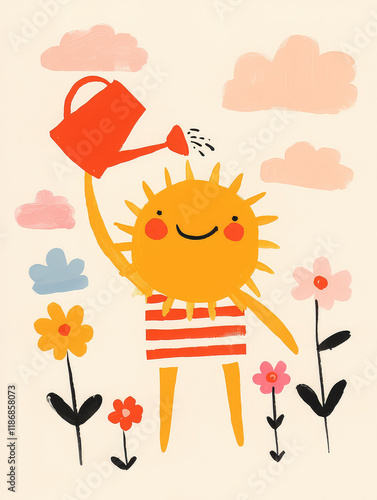 cheerful sun character with watering can, surrounded by colorful flowers and clouds, radiates joy and warmth in this playful illustration