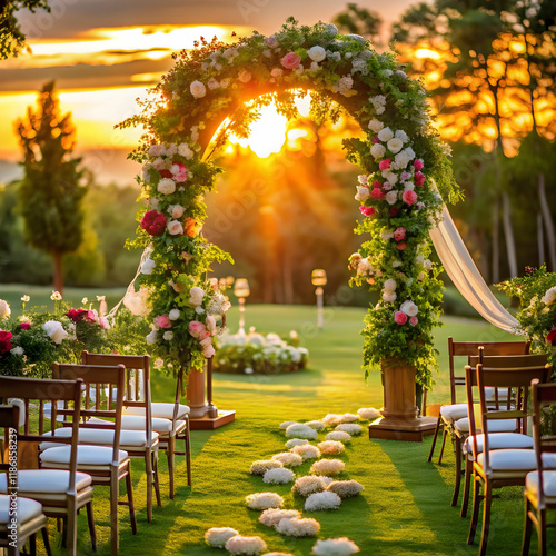 beautiful outdoor wedding ceremony with floral dec photo