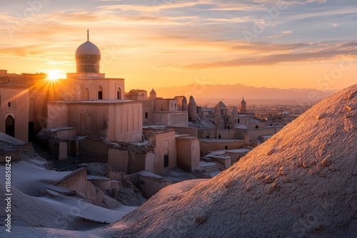 A panoramic view of the Khiva old town, with its iconic Kalta Minor minaret rising above the clay walls photo