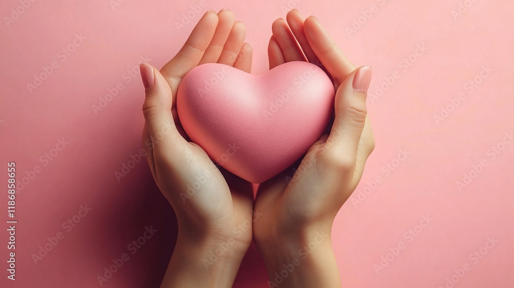 Obraz premium A minimalist image of two hands cradling a pastel pink heart symbolizes love and care, ideal for Valentines, wellness campaigns, or emotional connection themes.