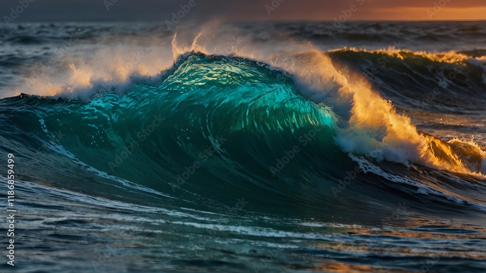Fototapeta premium Powerful Ocean Wave at Sunset – Dramatic Seascape with Golden Light and Surf