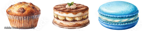 Delicious baked goods, watercolor illustration, muffin, tiramisu cake, blue macaron, dessert art, food styling.