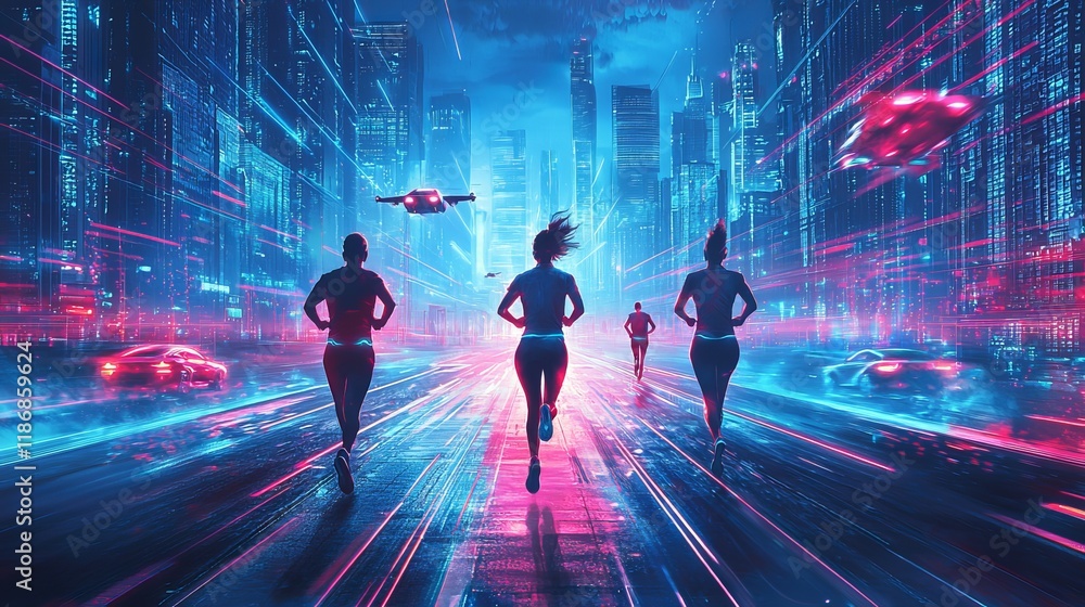 Fototapeta premium Dynamic Nighttime Urban Scene with Two Individuals Running Through City Streets Under Illuminated Lights