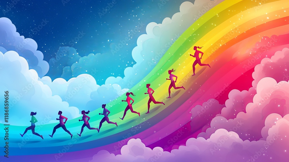 Whimsical Scene of Joyful People Running Through a Vivid Sky Adorned with Colorful Rainbows and Light Whimsical Scene of Joyful People Running Through a Vivid Sky Adorned with Colorful Rainbows and Light
