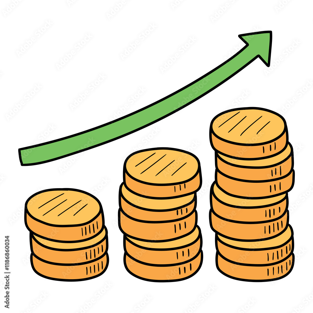 Hand drawn cartoon coin stack growth chart increasing arrow icon on white background. Hand drawn cartoon coin stack growth chart increasing arrow icon on white background.