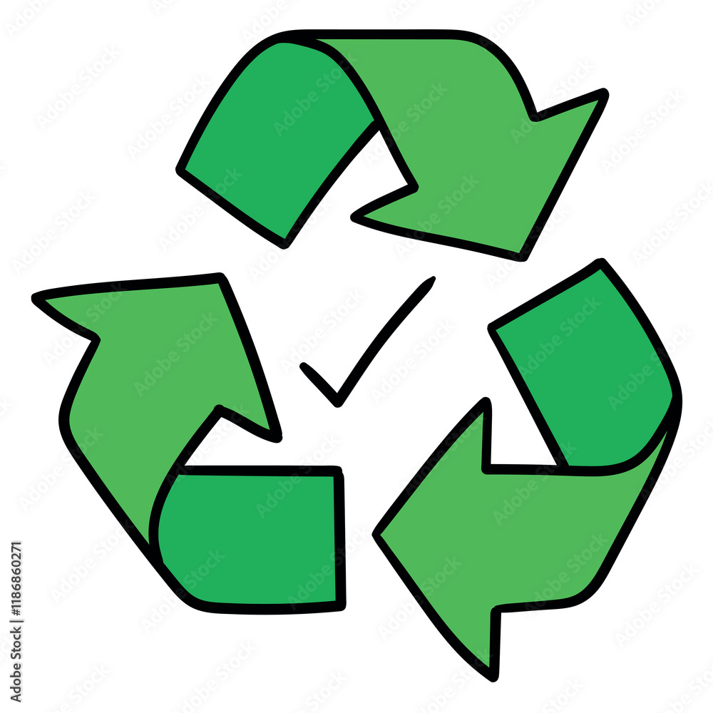 Obraz premium Hand drawn cartoon green recycling with check mark icon on white background.