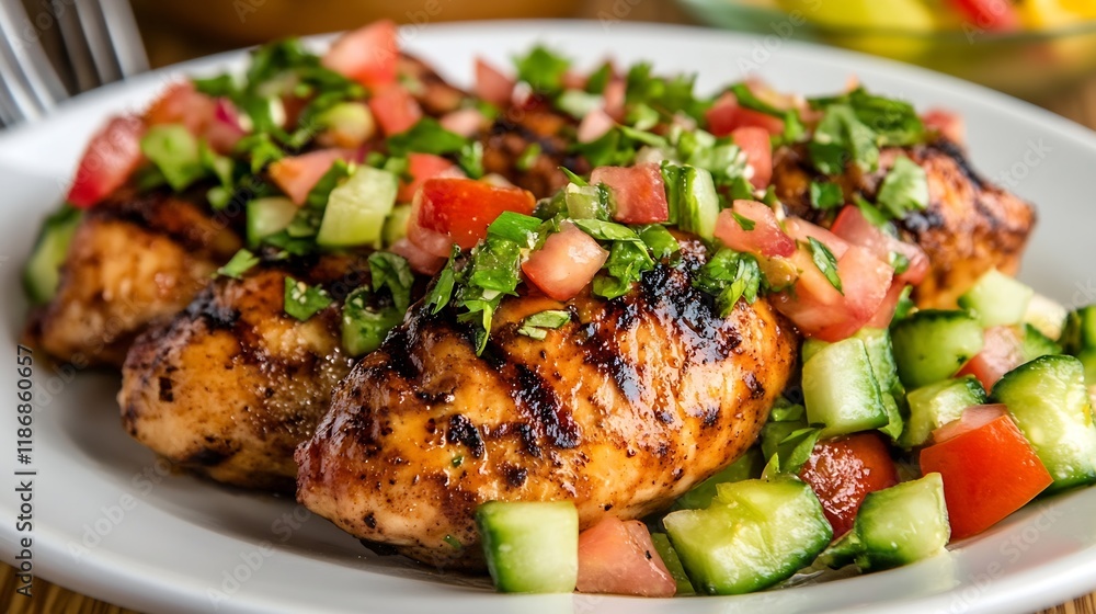 Grilled Chicken Breast with Fresh Tomato and Cucumber Salsa on White Plate : Generative AI Grilled Chicken Breast with Fresh Tomato and Cucumber Salsa on White Plate : Generative AI