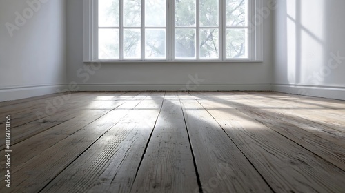 Empty Minimalist Room with Large Windows Illuminating Wooden Floors with Natural Light   Generative AI