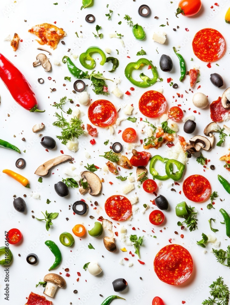 A playful portrait layout with a white background, featuring an explosion of pizza ingredients like pepperoni, olives, green peppers, mushrooms, and mozzarella cheese scattered across the frame. A playful portrait layout with a white background, featuring an explosion of pizza ingredients like pepperoni, olives, green peppers, mushrooms, and mozzarella cheese scattered across the frame.
