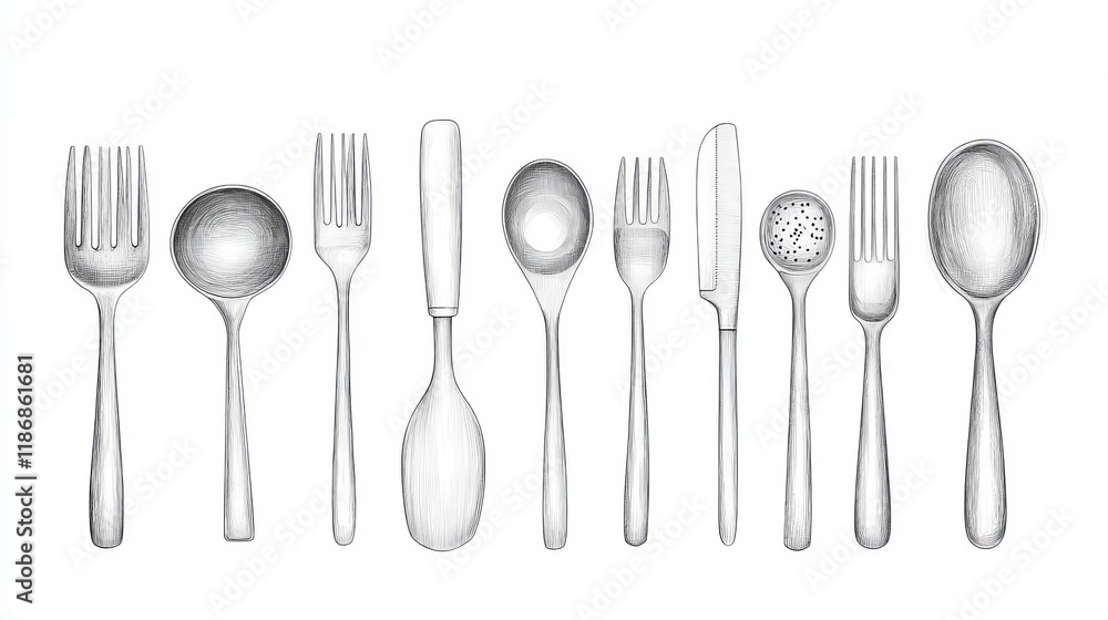 Elegant Silverware Arrangement with Intricate Clock Element Creating a Unique Dining Experience Scene Elegant Silverware Arrangement with Intricate Clock Element Creating a Unique Dining Experience Scene