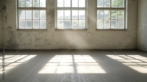 Abandoned vintage room with sunlight streaming through dusty windows creating nostalgic mood   Generative AI