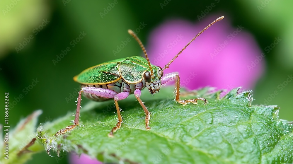 Colorful Macro Photo of a Small Green and Pink Insect on Leaf Against Soft Pink Background : Generative AI Colorful Macro Photo of a Small Green and Pink Insect on Leaf Against Soft Pink Background : Generative AI