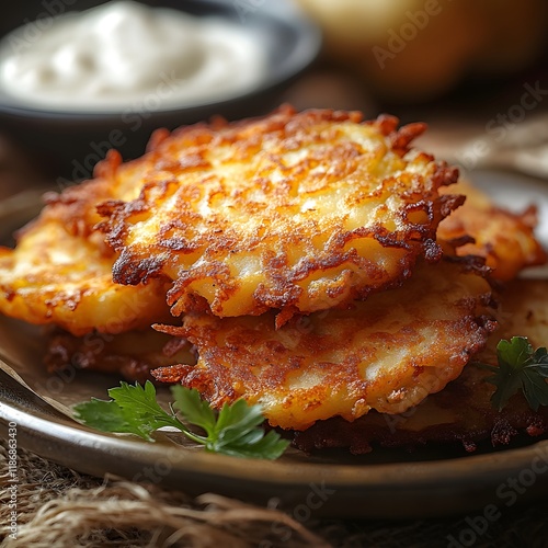 Potato latkes on a table closeup. Generative Ai photo