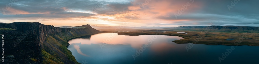 Aerial panorama of Lake Srvagsvatn glowing under the soft light of dawn, with vibrant greenery and dramatic cliffs creating harmony, in 4K resolution Aerial panorama of Lake Srvagsvatn glowing under the soft light of dawn, with vibrant greenery and dramatic cliffs creating harmony, in 4K resolution