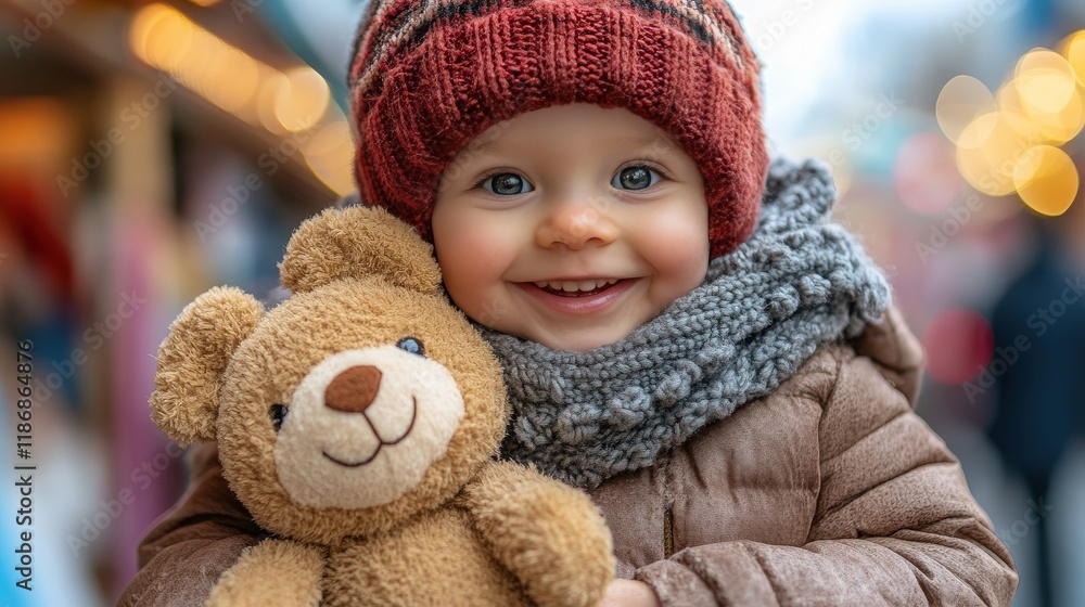 Adorable Child in Warm Sweater and Hat Holding a Stuffed Bear, Radiating Joy at a Festive Holiday Market with Colorful Lights and Cheerful Atmosphere Adorable Child in Warm Sweater and Hat Holding a Stuffed Bear, Radiating Joy at a Festive Holiday Market with Colorful Lights and Cheerful Atmosphere