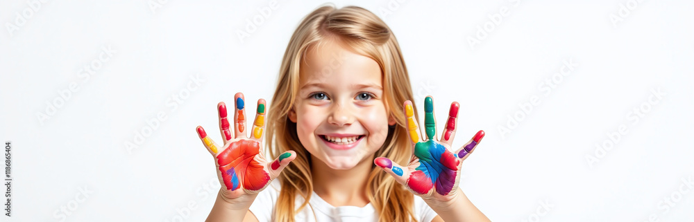 A Smiling Young Blonde Girl With Colorful Painted Hands Is Isolated On A Clean White Background To Showcase Her Playful Personality. 00001 A Smiling Young Blonde Girl With Colorful Painted Hands Is Isolated On A Clean White Background To Showcase Her Playful Personality. 00001